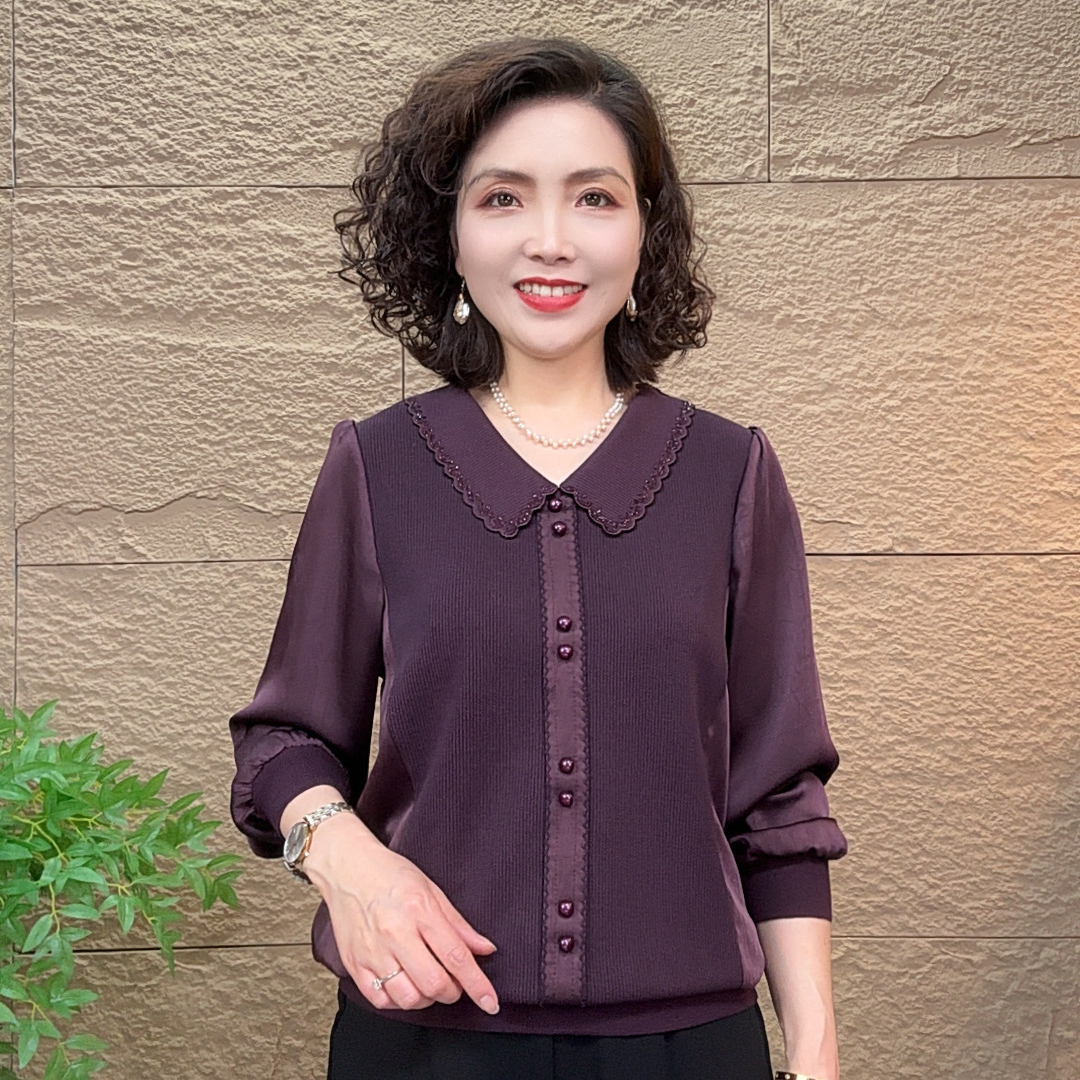 秋季新款气质中老年洋气妈妈休闲翻领纯色显瘦流光风时尚长袖上衣