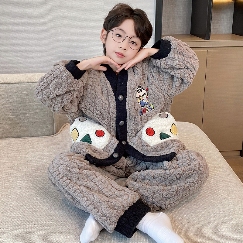 儿童法兰绒冬季男童睡衣新款珊瑚绒加绒加厚男孩6-12岁家居服开衫