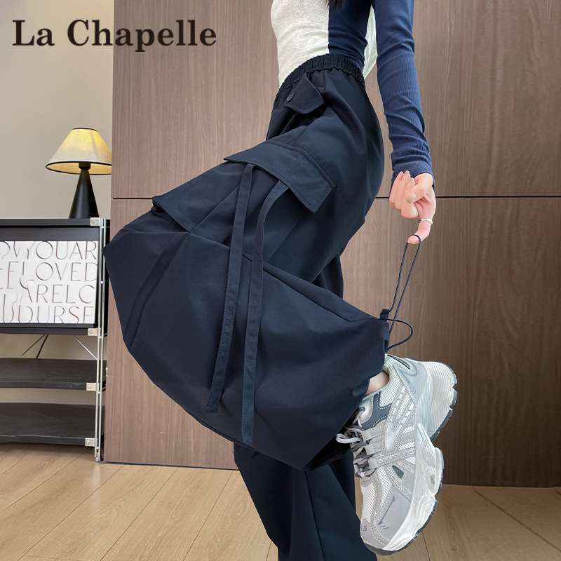 拉夏贝尔藏蓝色美式阔腿工装裤女秋2025新款伞兵冲锋运动休闲裤