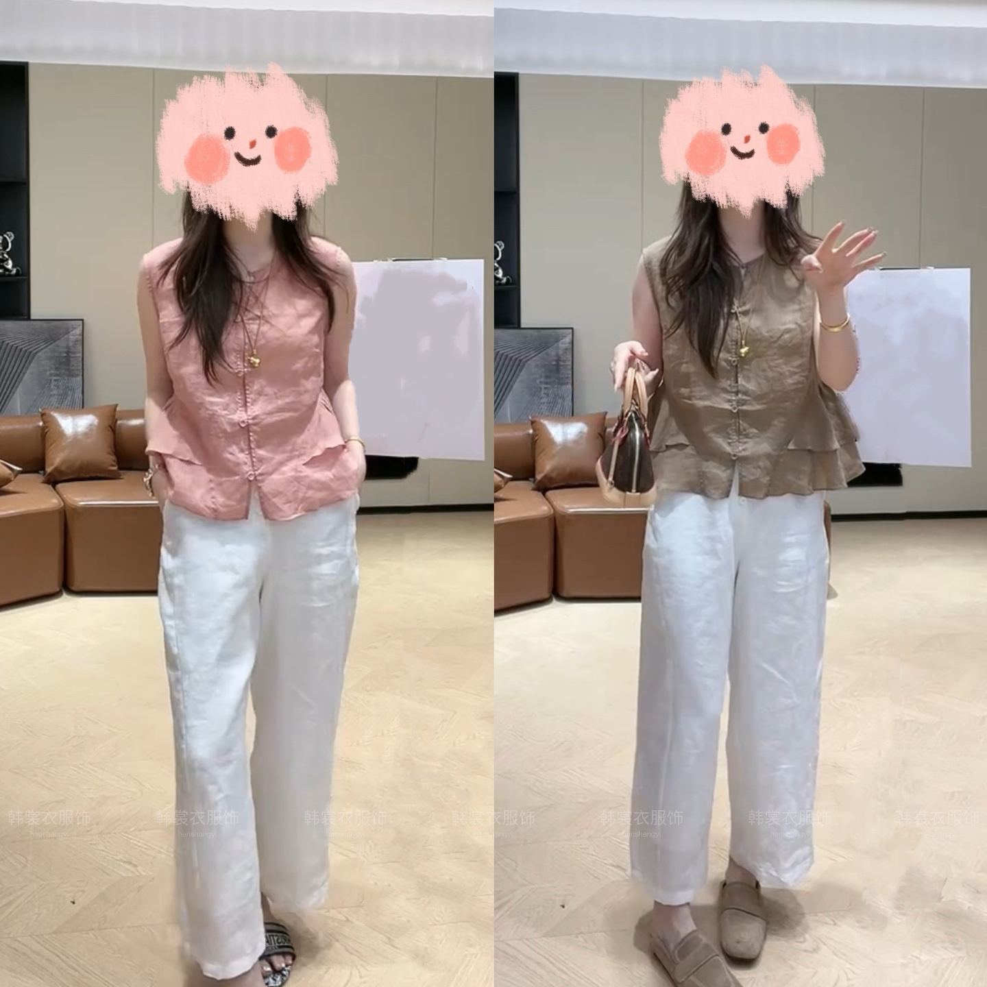 夏季圆领单排扣荷叶边无袖小衫时尚气质单排扣高腰阔腿裤两件套