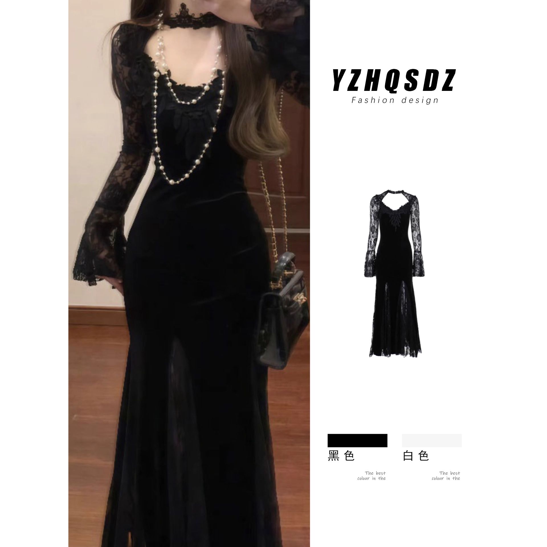 黑色蕾丝网纱连衣裙长袖鱼尾裙长裙秋女装万圣节服装穿搭长款裙子