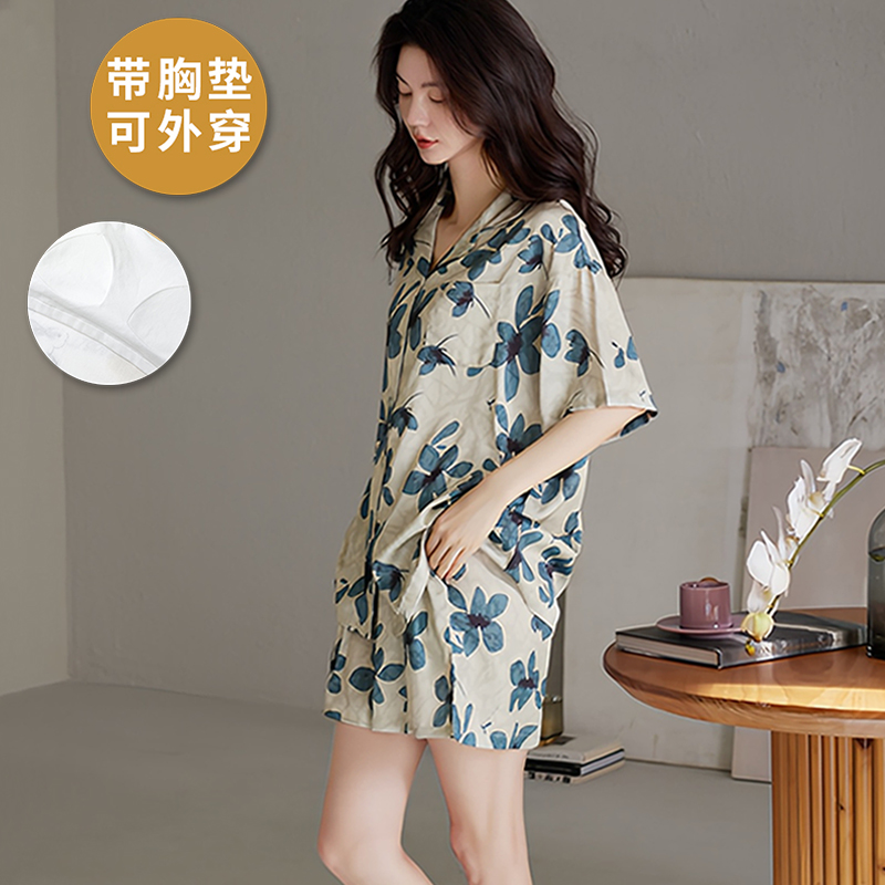 夏季带胸垫睡衣女士休闲透气棉布夏天时尚开衫翻领短袖短裤家居服
