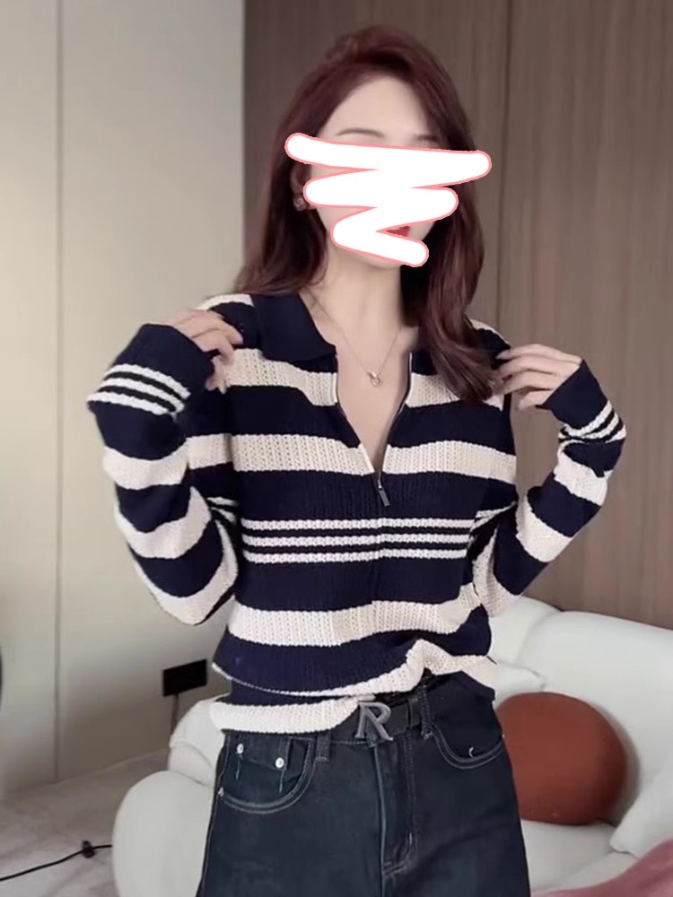时尚双拉链polo领条纹针织衫女春装新款气质长袖打底外套显瘦上衣