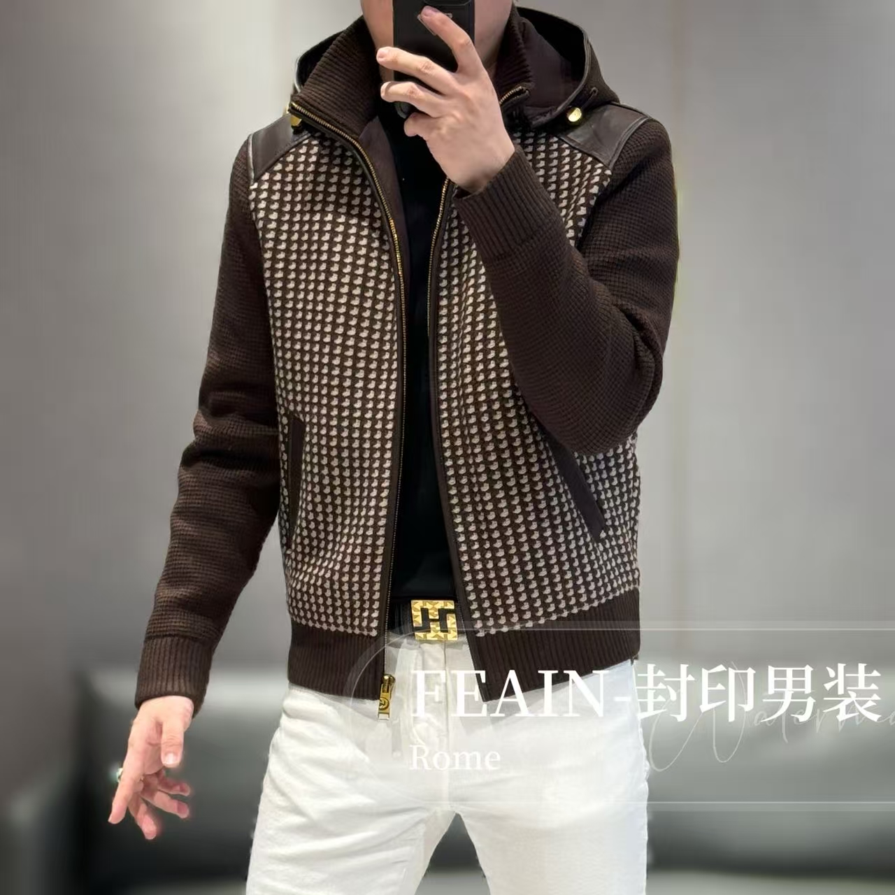 高端男士立体粗针织提花进口羊皮拼接帽子可拆卸加棉夹克8012