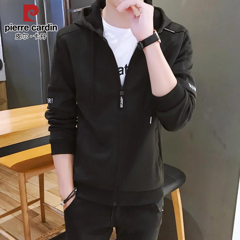 皮尔卡丹男士休闲开衫卫衣春秋季新款宽松韩版百搭青少年连帽外套