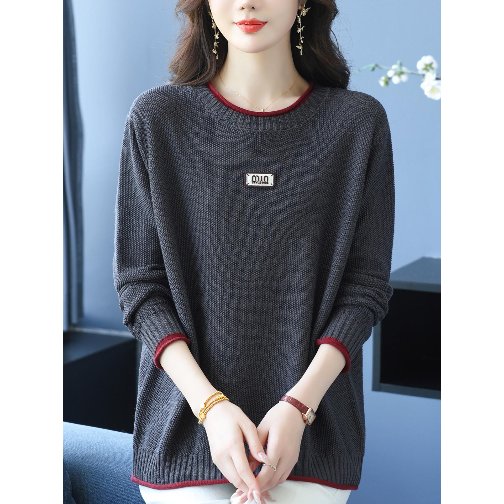 皮尔卡丹中年妈妈秋装针织衫女宽松加肥大码圆领长袖遮肚羊毛上衣