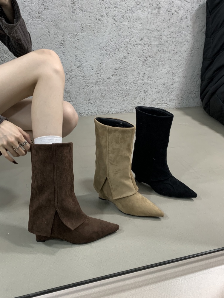 坡跟尖头绒面设计感韩版时尚裤管靴秋冬单靴子法式复古气质瘦瘦靴