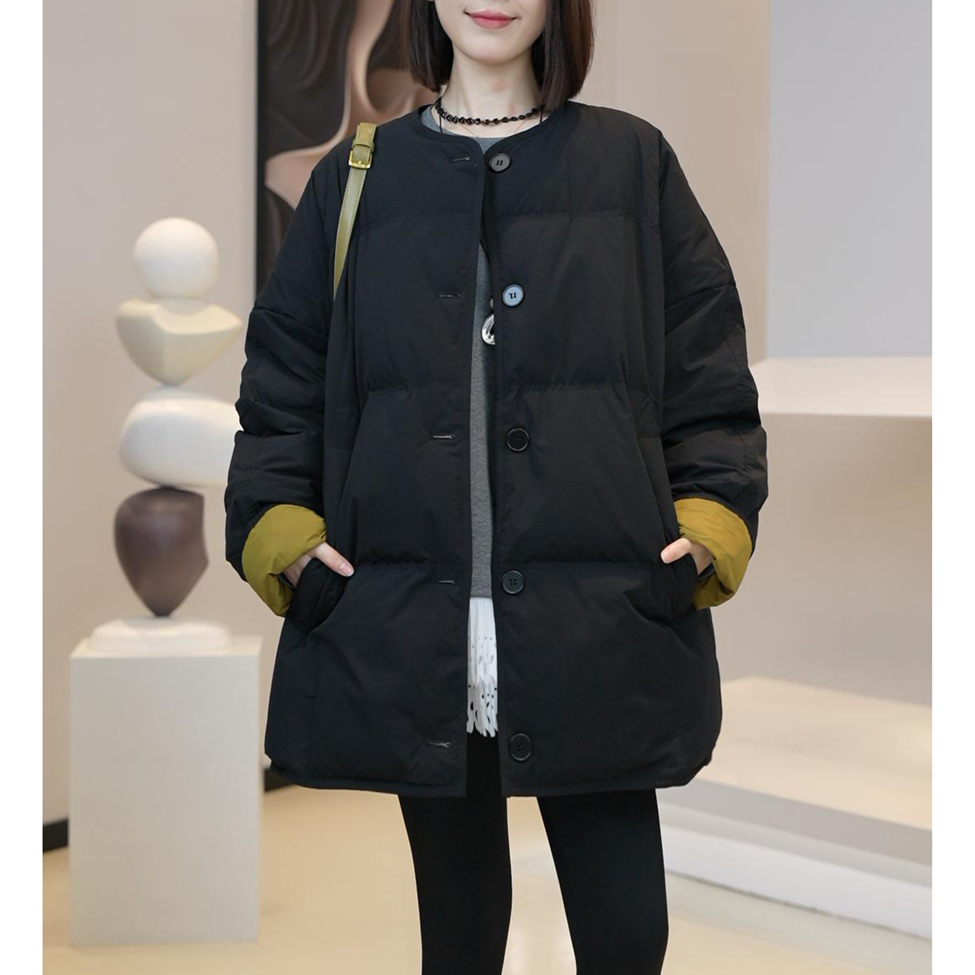 韩系时尚中长款防风显白百搭2025秋冬新款单排扣撞色拼接保暖棉服