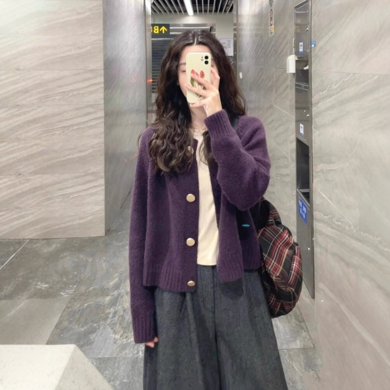 奶fufu软糯紫色仿浣熊绒针织开衫女秋冬季慵懒风宽松毛衣外套上衣