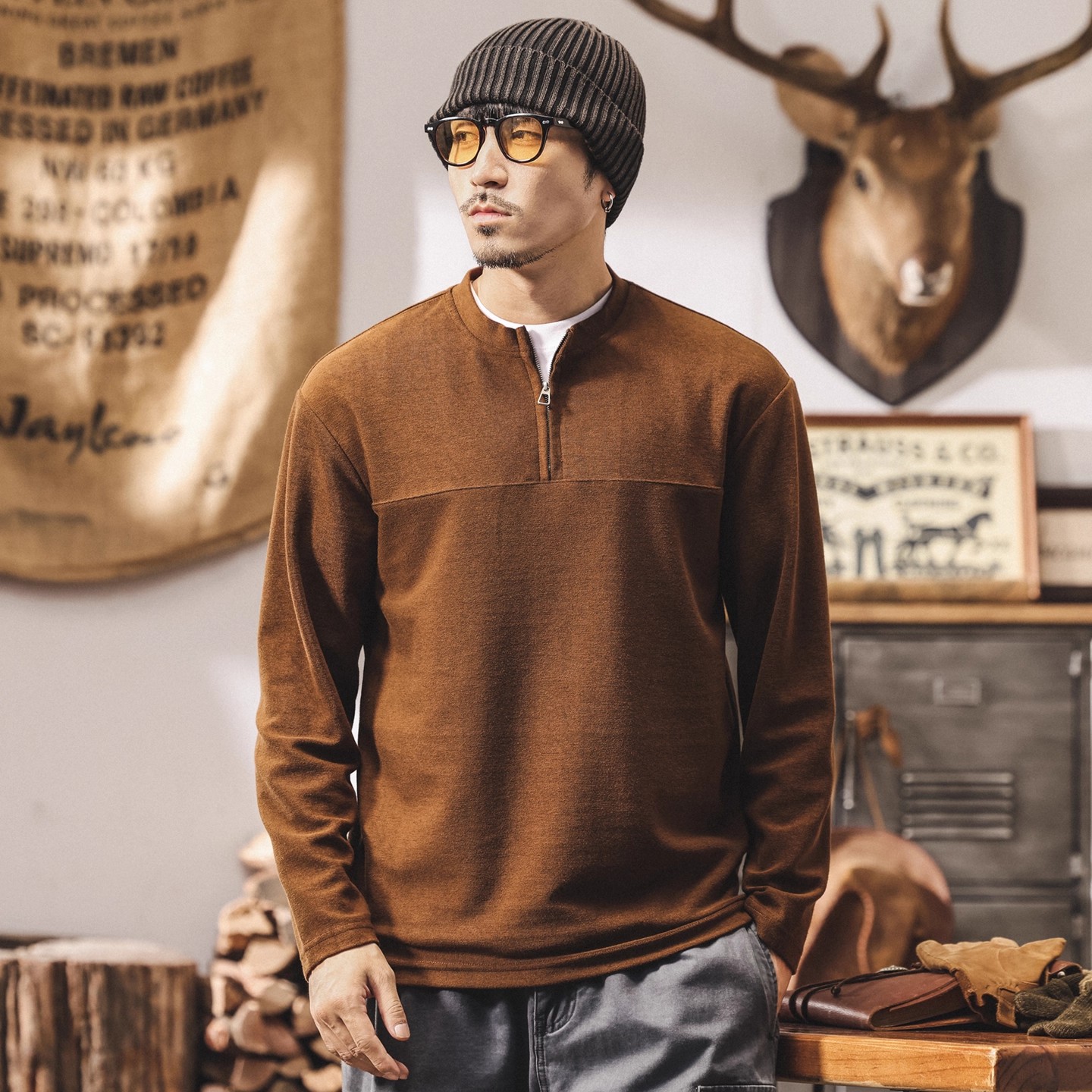 美拉德复古320g重磅假两件卫衣男秋冬新款莱赛尔宽松长袖男士上衣