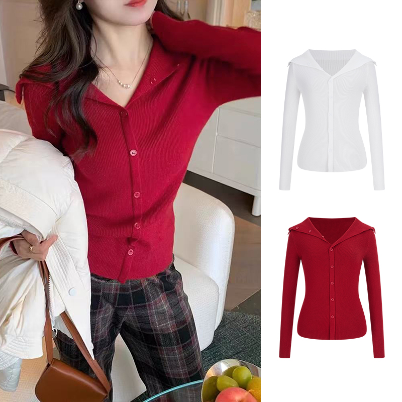 MosesQueen/魔西女王纯欲辣妹气质翻领针织开衫新款正肩修身毛衣