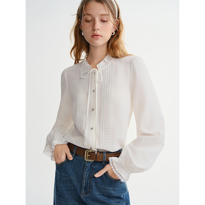大码女装【茉莉物语】法式木耳边系带白衬衫显瘦上衣25DS84366