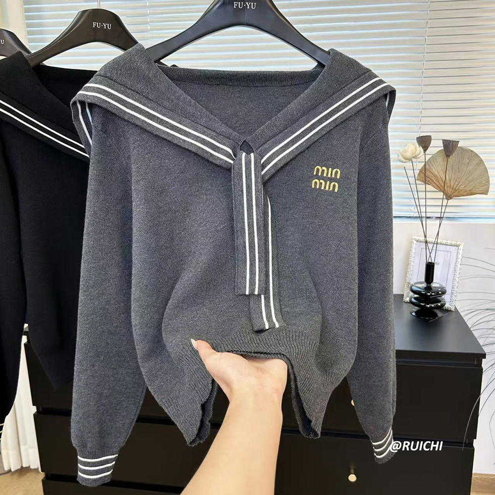 2025秋季韩版海军领字母刺绣纯色长袖慵懒松弛感针织衫高级上衣女