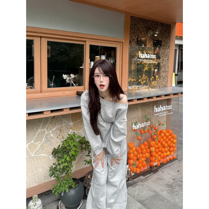 韩系休闲套装女秋季2025新款斜领长袖卫衣高腰显瘦阔腿长裤两件套