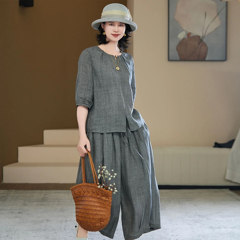 慵懒风休闲百搭套装女2025夏季新款宽松显瘦圆领衬衣阔腿裤两件套