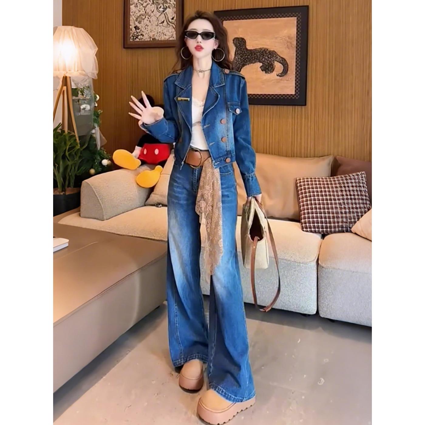 春秋季新款显瘦牛仔套装女2025欧货时尚休闲短款外套阔腿裤两件套