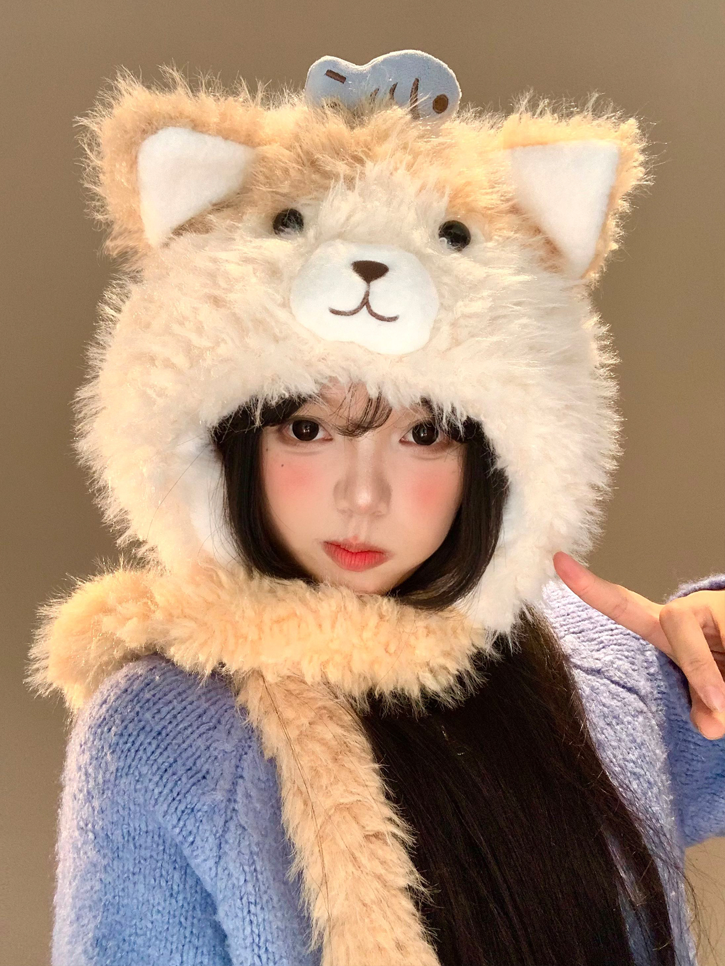 可爱小鱼猫咪耳朵毛绒帽子女秋冬季显脸小保暖防寒加厚护耳雷锋帽