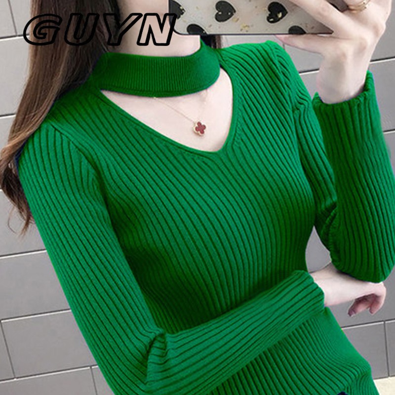 GUYNV领镂空打底衫女秋冬内搭修身绿色毛衣洋派2025年新款针织衫