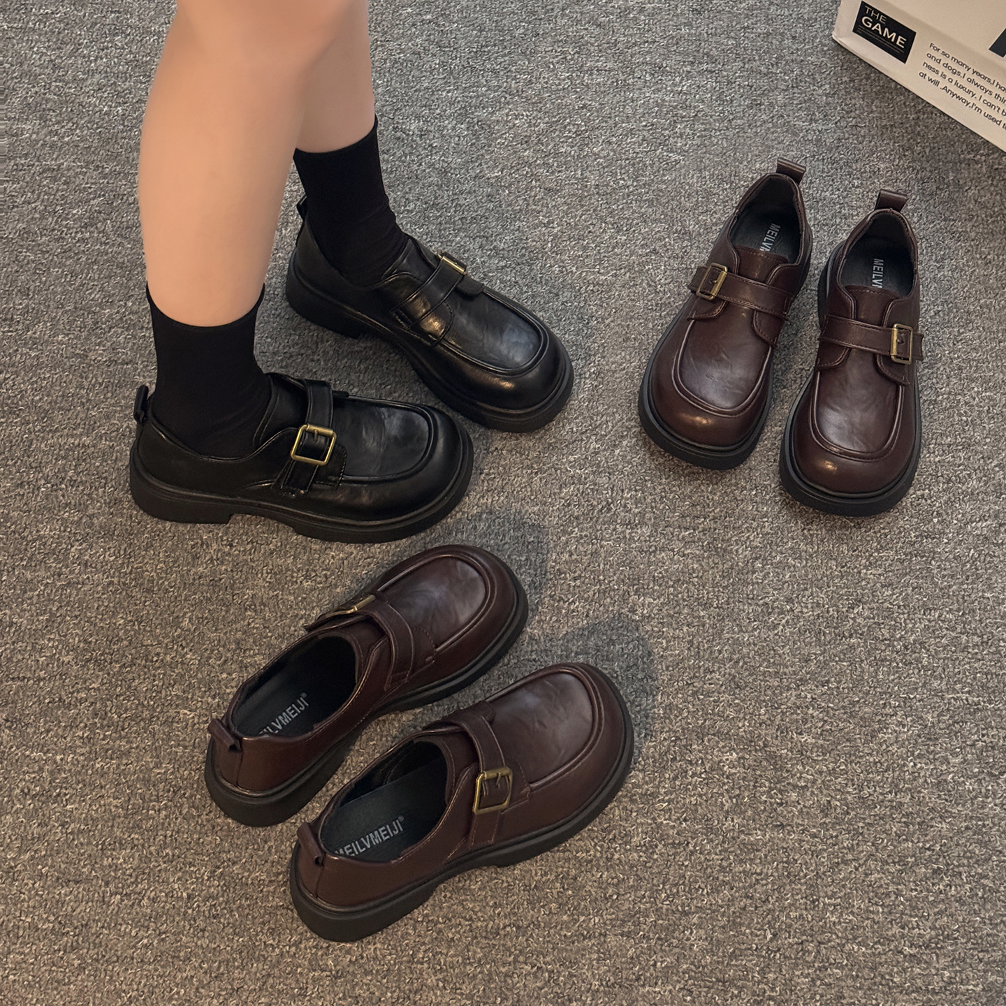 贾不假乐福鞋女款2025新款秋冬爆款黑色百搭通勤皮带扣学院风鞋子