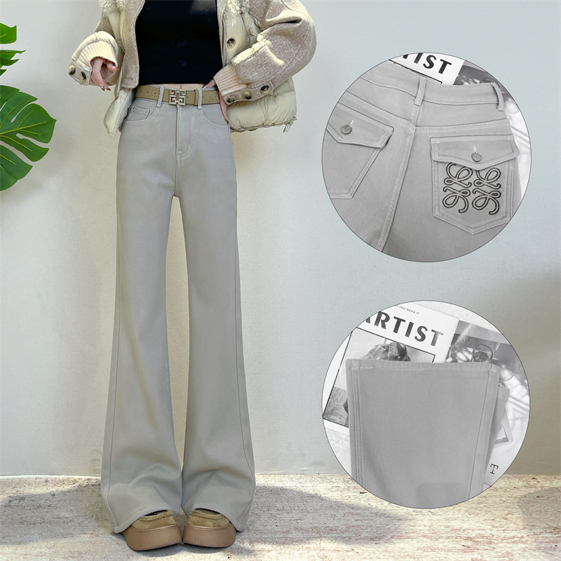 迪否高腰加绒直筒喇叭裤冬季新款宽松显瘦不贴腿牛仔裤6393