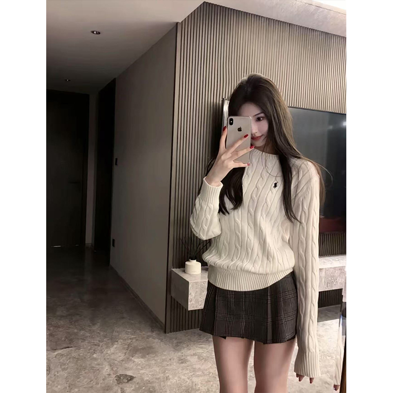 奶油麻花 秋冬韩系氛围感内搭单穿打底毛衣女圆领套头针织上衣