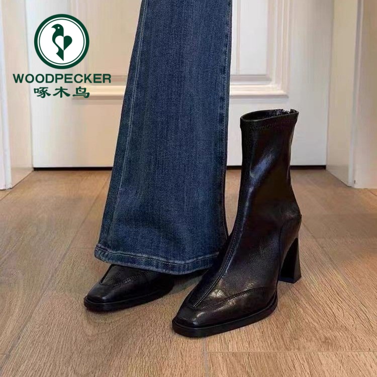 啄木鸟韩版高跟方头瘦瘦靴短靴女粗跟复古马丁靴英伦风短筒单靴女
