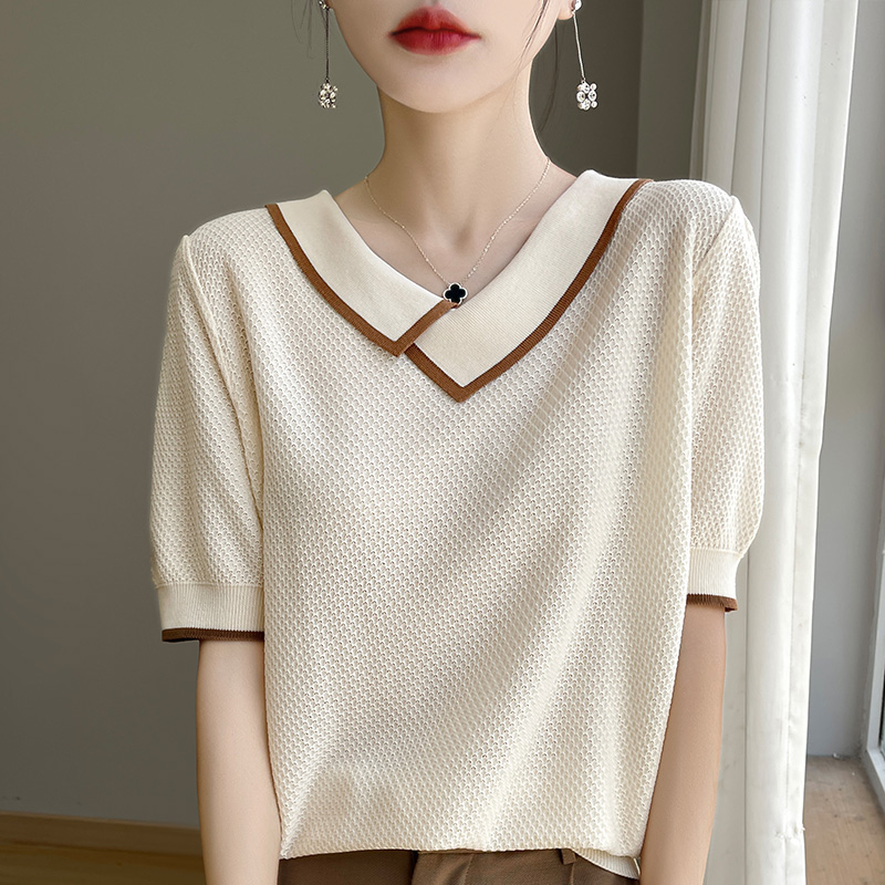 品牌短袖上衣针织衫时尚薄款镂空夏季针织衫显瘦气质洋气百搭