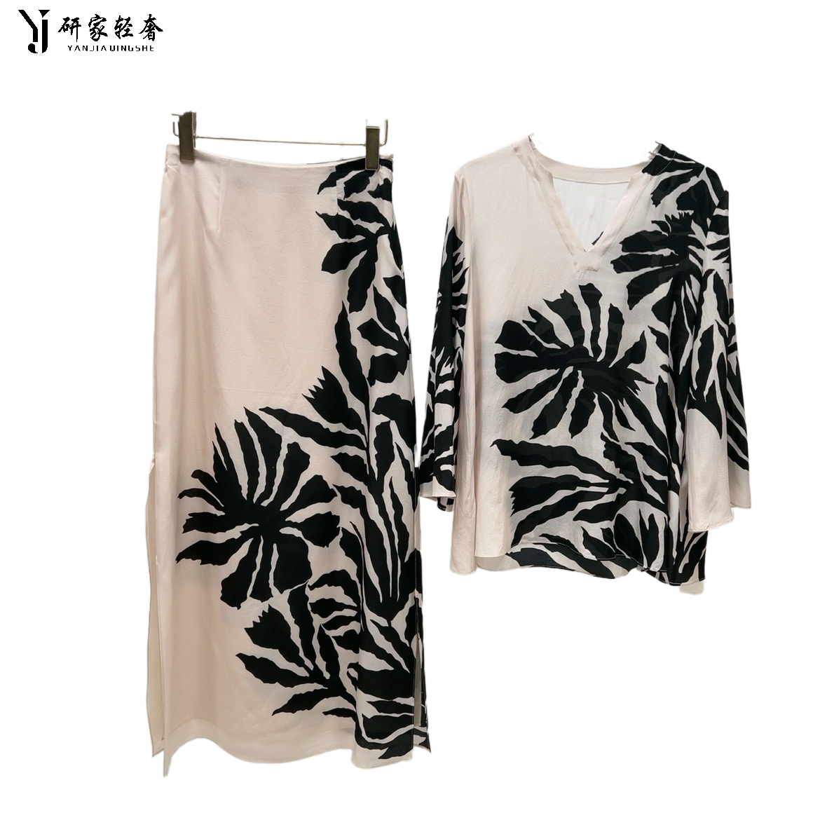 6090【真丝定位】研家轻奢高端中式长袖桑蚕丝印花上衣半裙套装