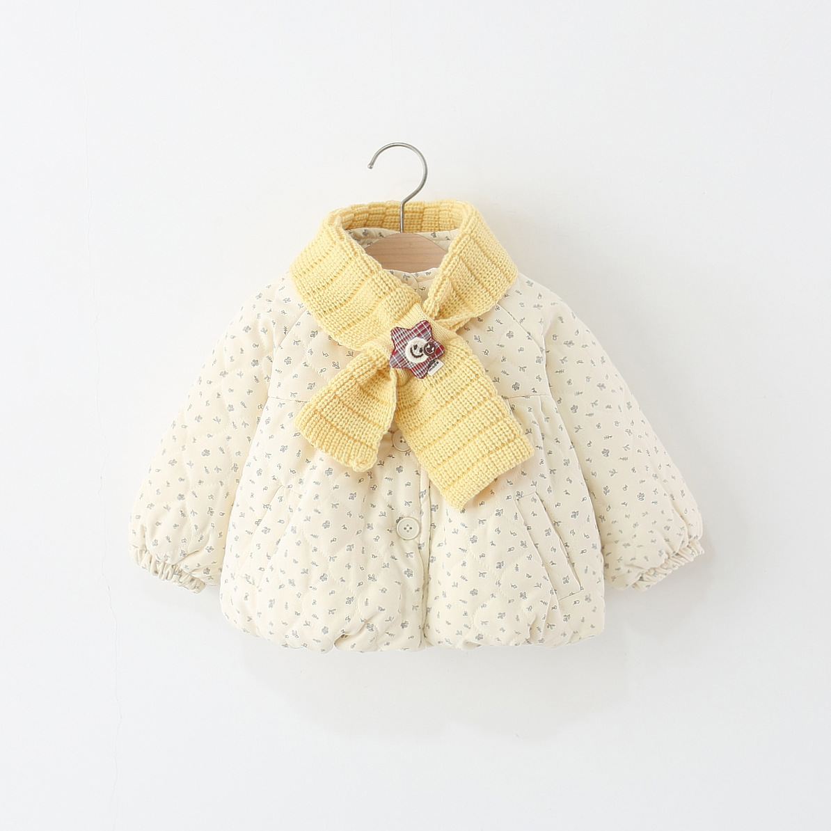 童装女童棉服冬季加厚加绒儿童碎花围巾棉袄婴儿宝宝冬装棉衣外套