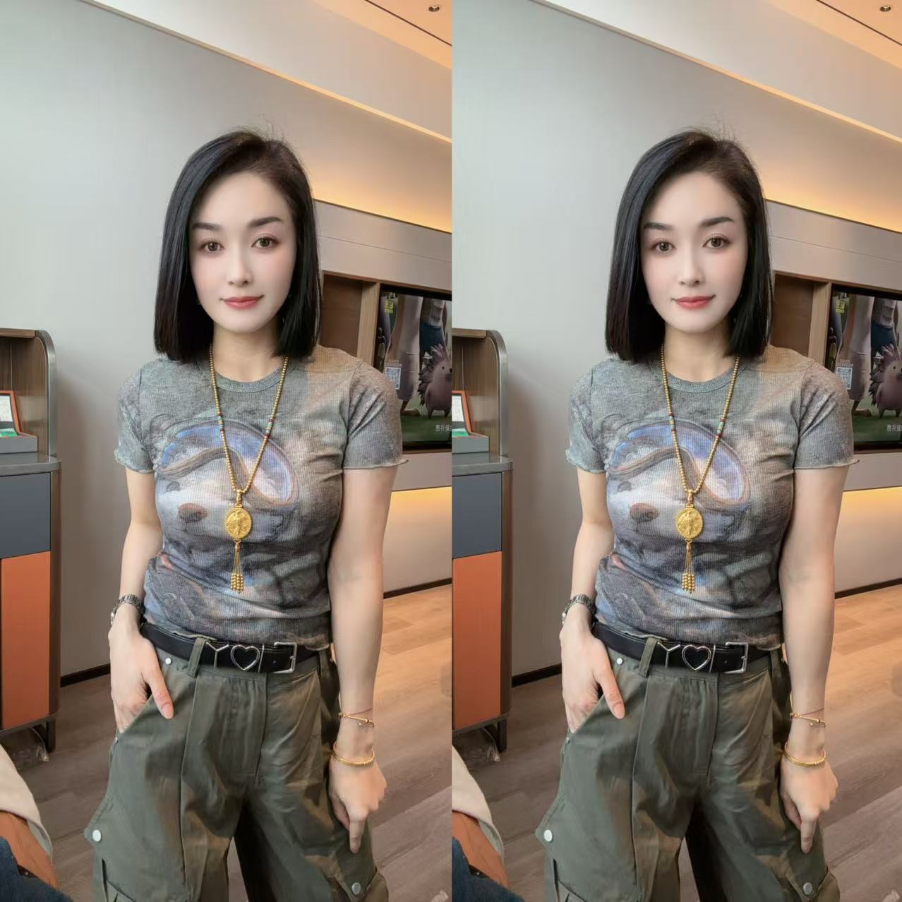 美式复古辣妹套装 个性印花短袖+军绿多口袋工装裤 炸街出街款