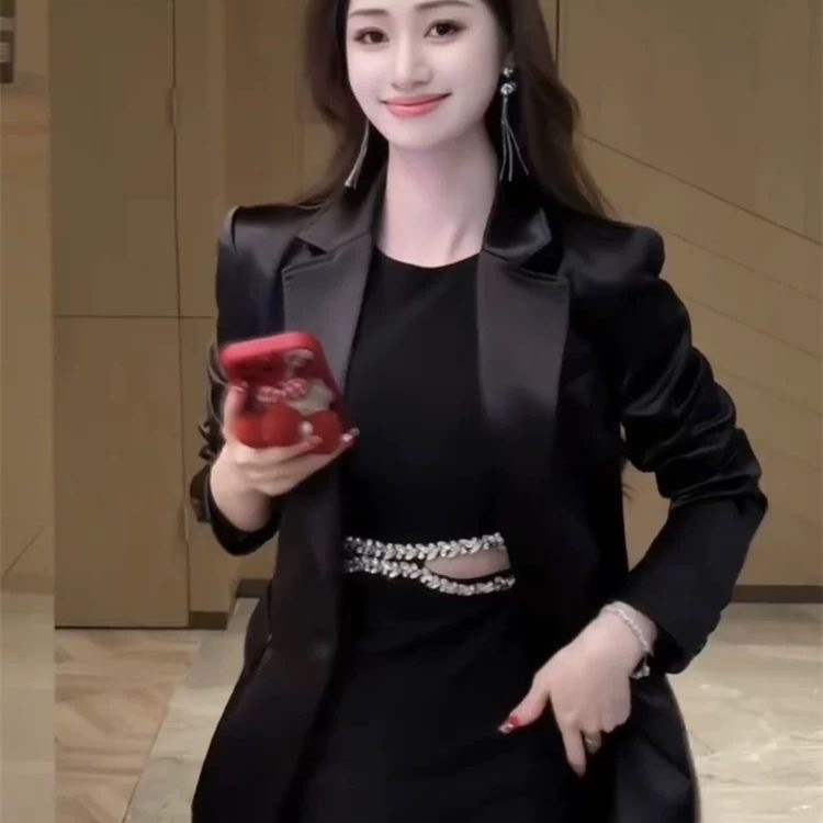 2025春季新款气质时尚百搭小西服女高级感醋酸缎面显瘦长袖外套潮