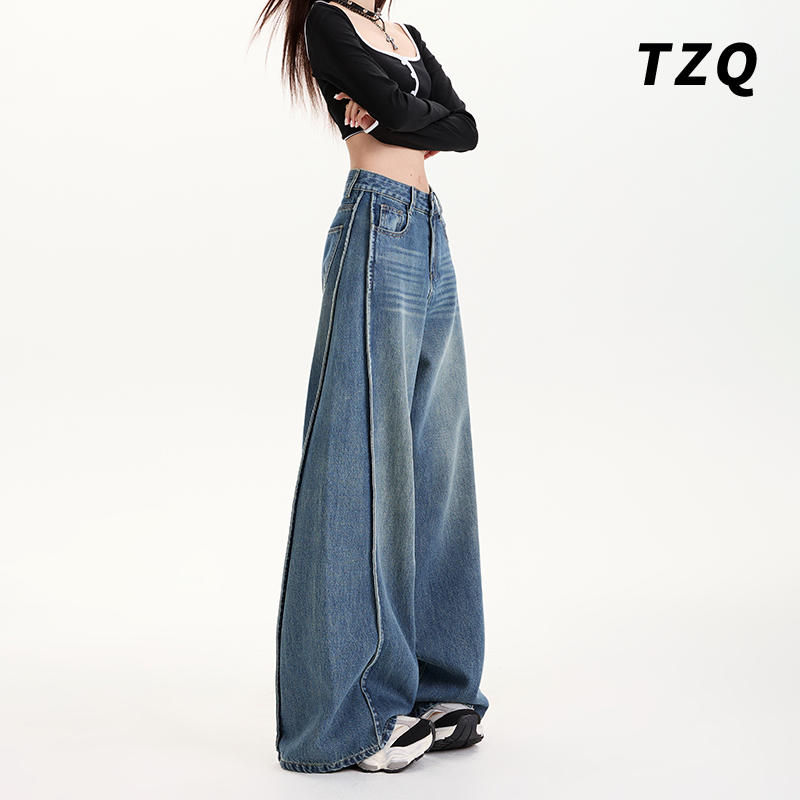 美式拖地牛仔裤女款2025新款阔腿宽松显瘦莱赛尔阔腿裤TZQ2521334