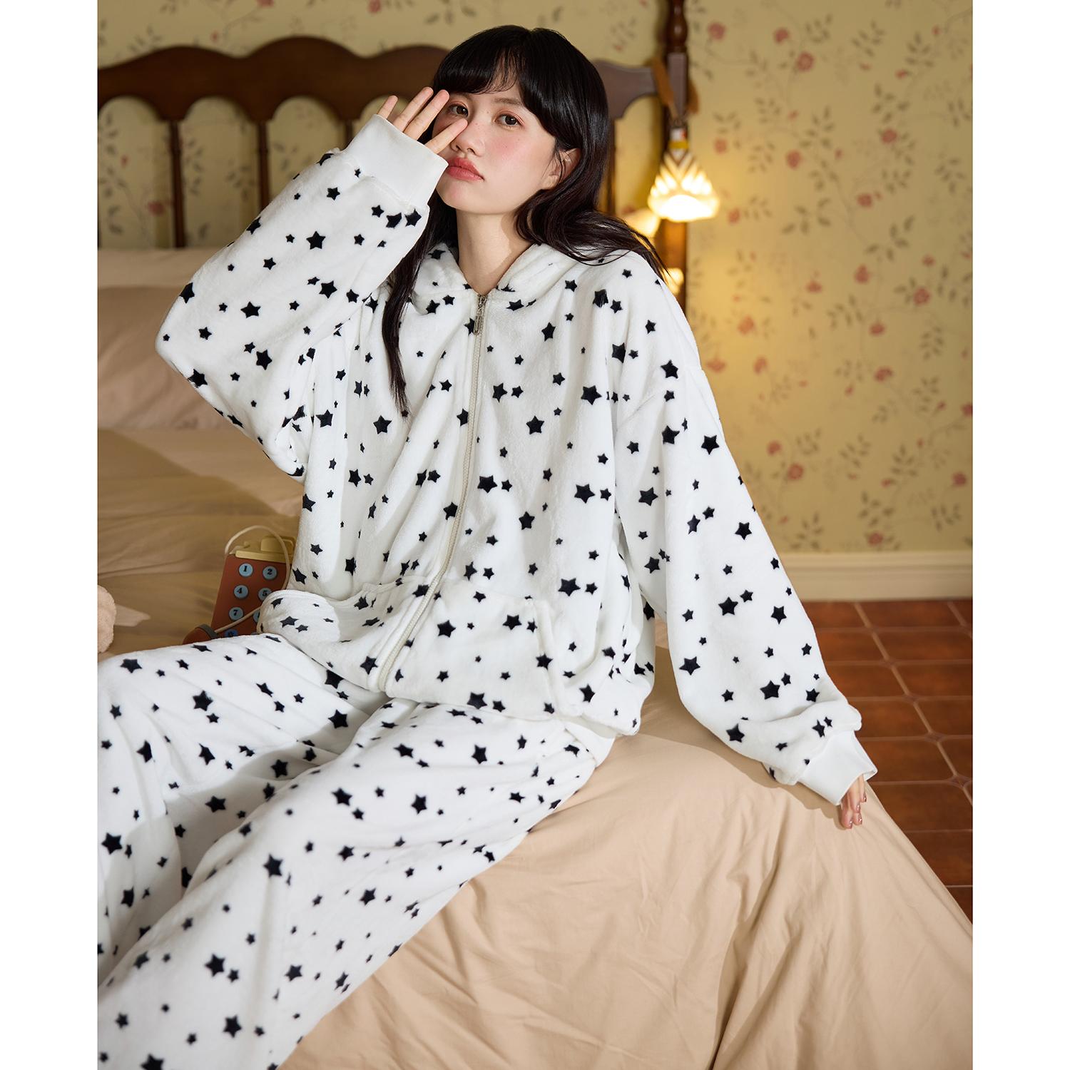 星星印花兔耳朵连帽睡衣套装2025新款宽松可居家可外穿家居服