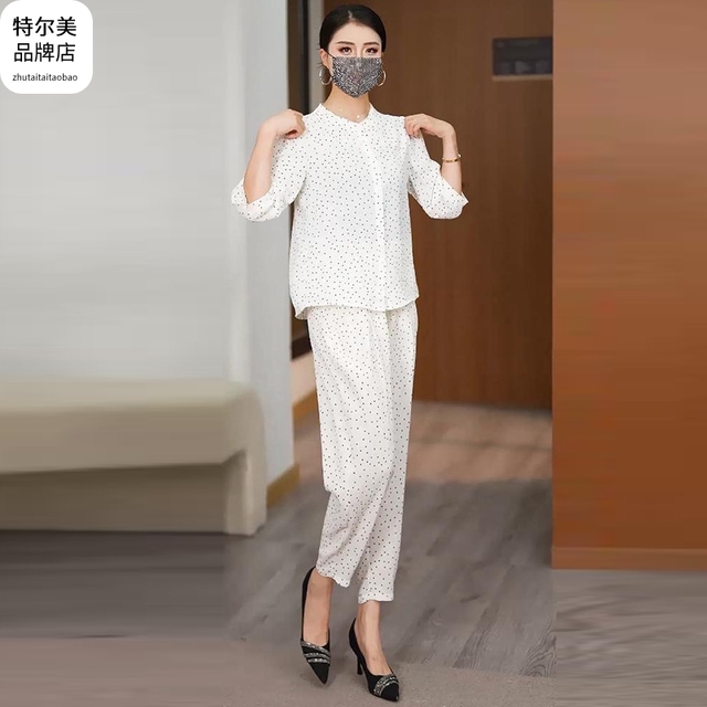 特尔美时尚气质波点衬衫套装女2025夏季新款中年妈妈装小个子减龄