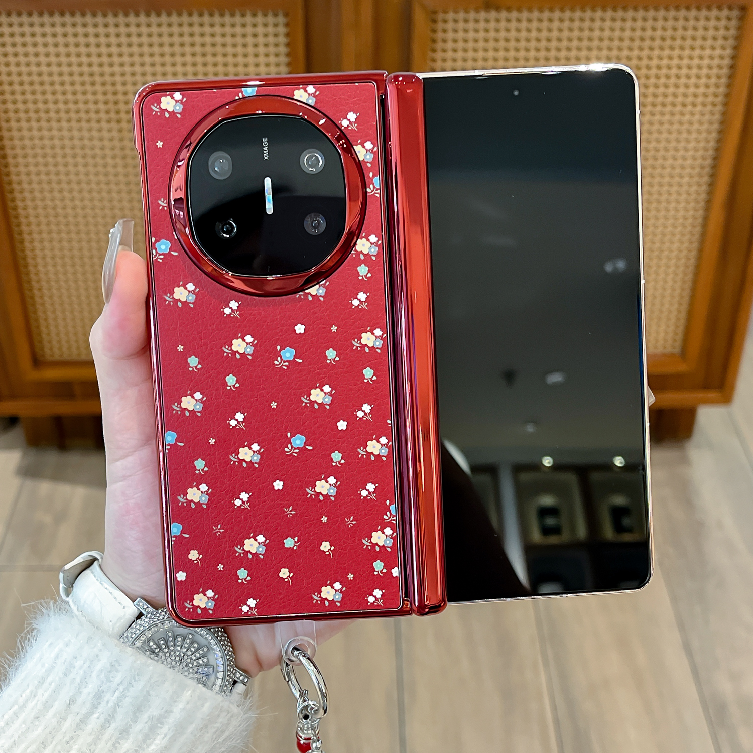 适用华为matex6手机壳电镀双中轴红色花Matex5折叠屏matex3保护套