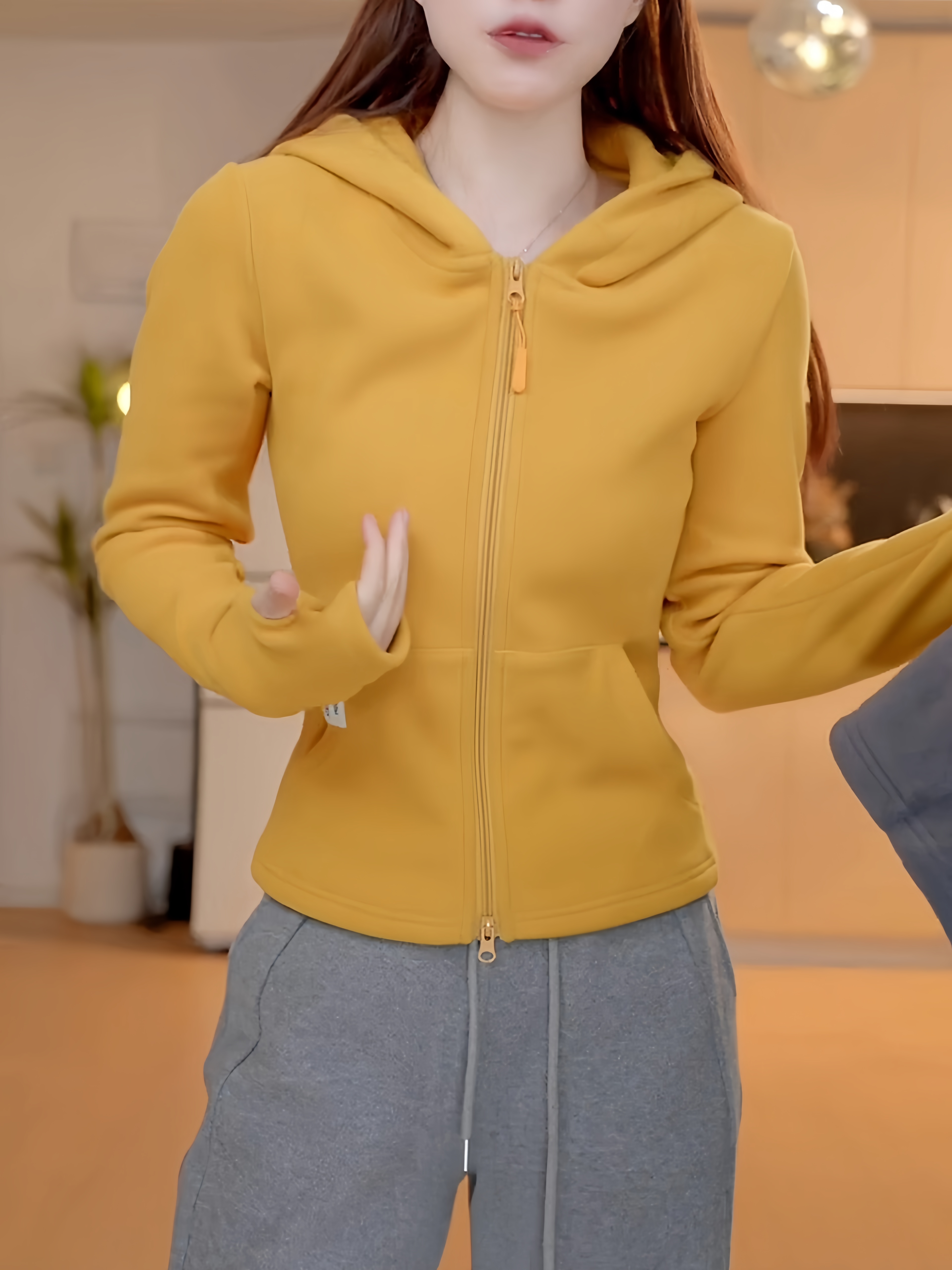 黄色德绒连帽卫衣女秋冬拉链外套2025年新款美式百搭打底上衣