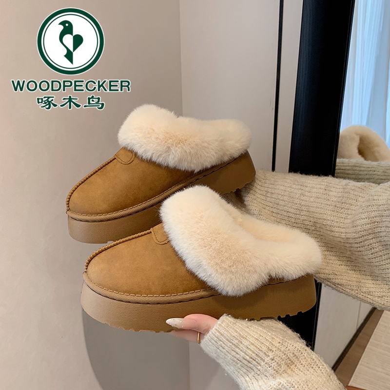 啄木鸟厚底一脚蹬毛毛拖鞋女2025冬季新款防水防滑雪地靴保暖棉鞋
