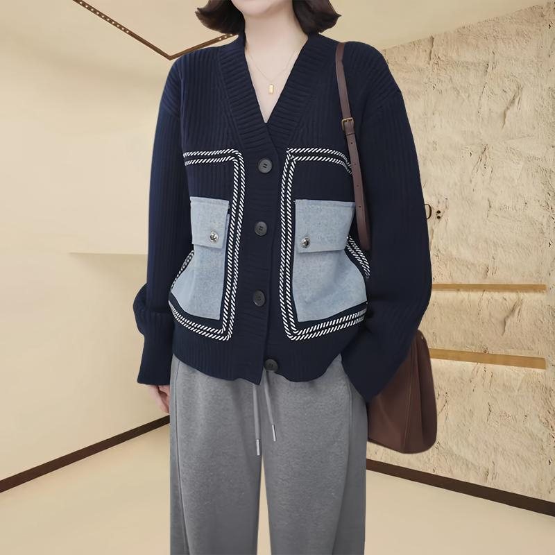 宽松时尚针织开衫女2025秋季新款设计感口袋拼接撞色百搭毛衣外套