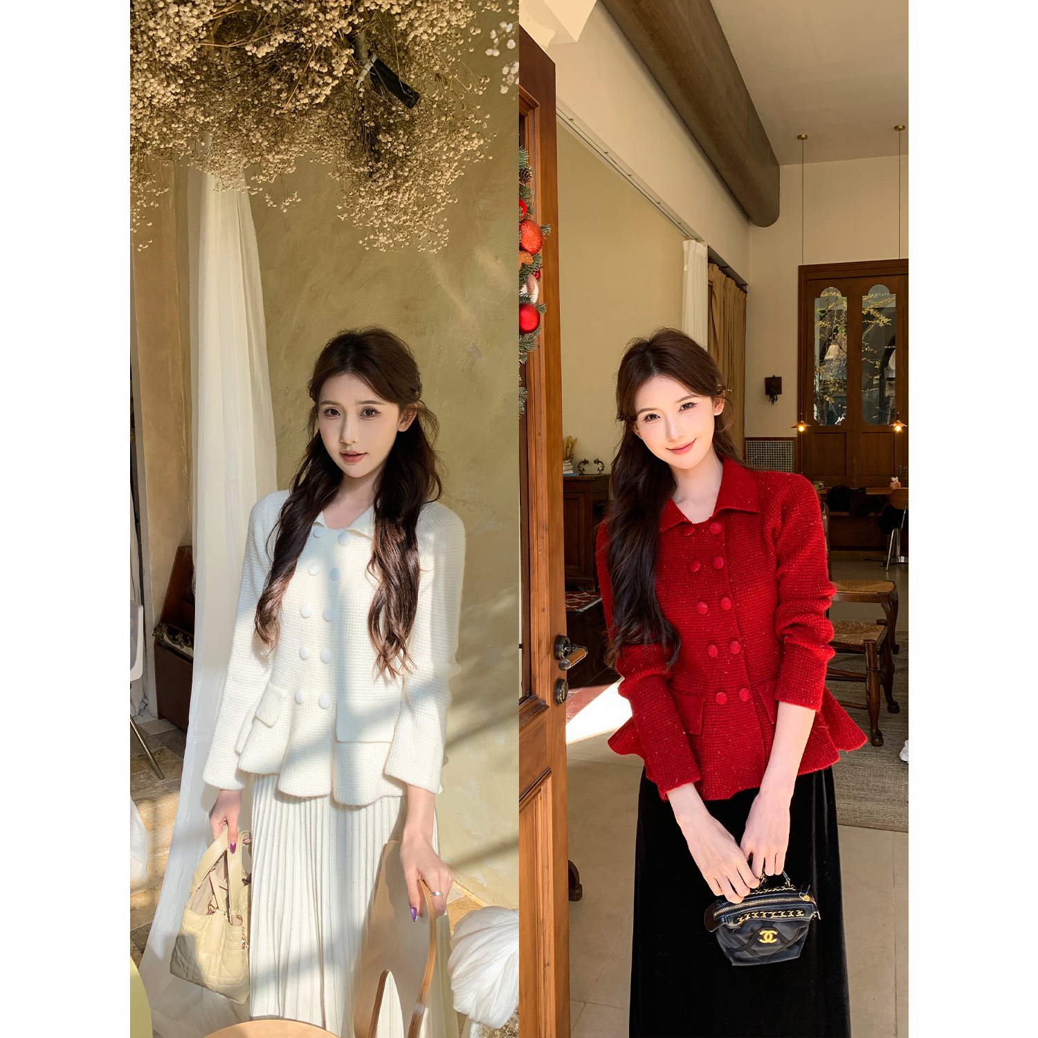 SHAOER【圣诞软软】韩系气质翻领双排扣细闪针织毛衫S725Z21780