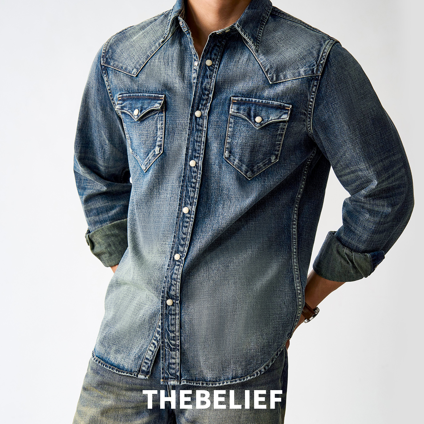 25927#重工水洗复古靛蓝色微宽松长袖男款牛仔衬衫