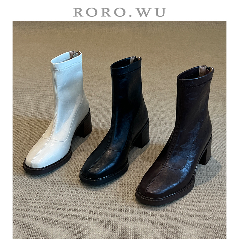 娆娆吴·简约日常百搭弹力瘦瘦靴短筒粗跟秋冬切尔西秋冬女靴X391