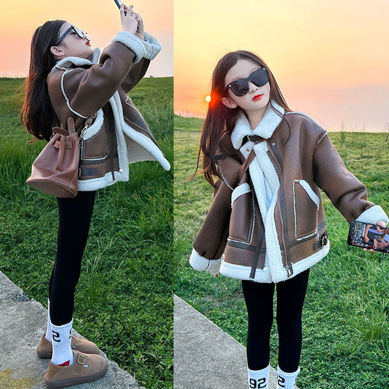 女童外套秋冬款2025新款儿童加绒加厚秋装皮毛一体冬季羊羔绒棉服