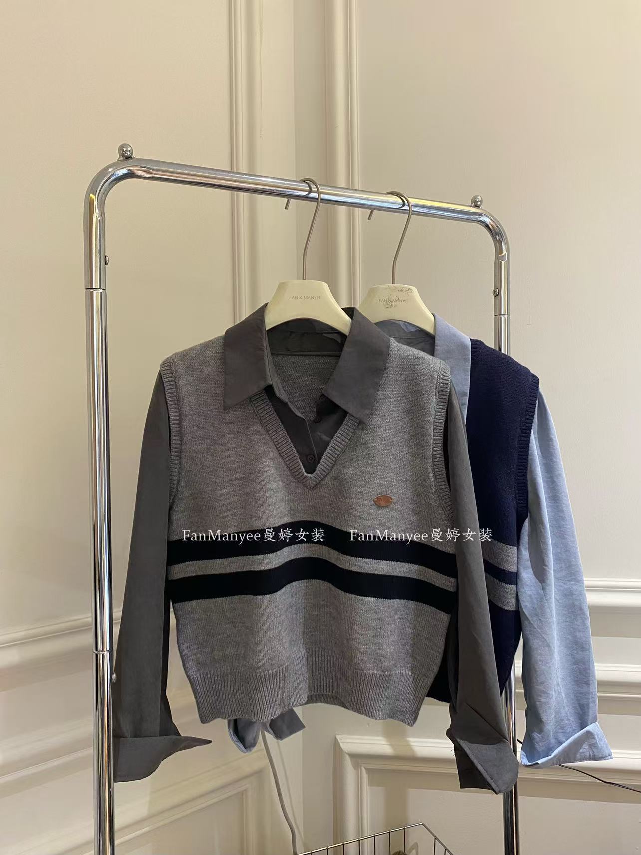 【童话镇】秋冬复古条纹假两件显瘦拼接设计感学院风百搭上衣x