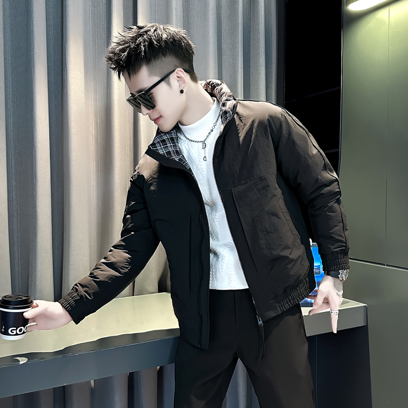 高级感黑色立领格子拼接撞色棉衣外套男士冬季加厚保暖短款棉服男