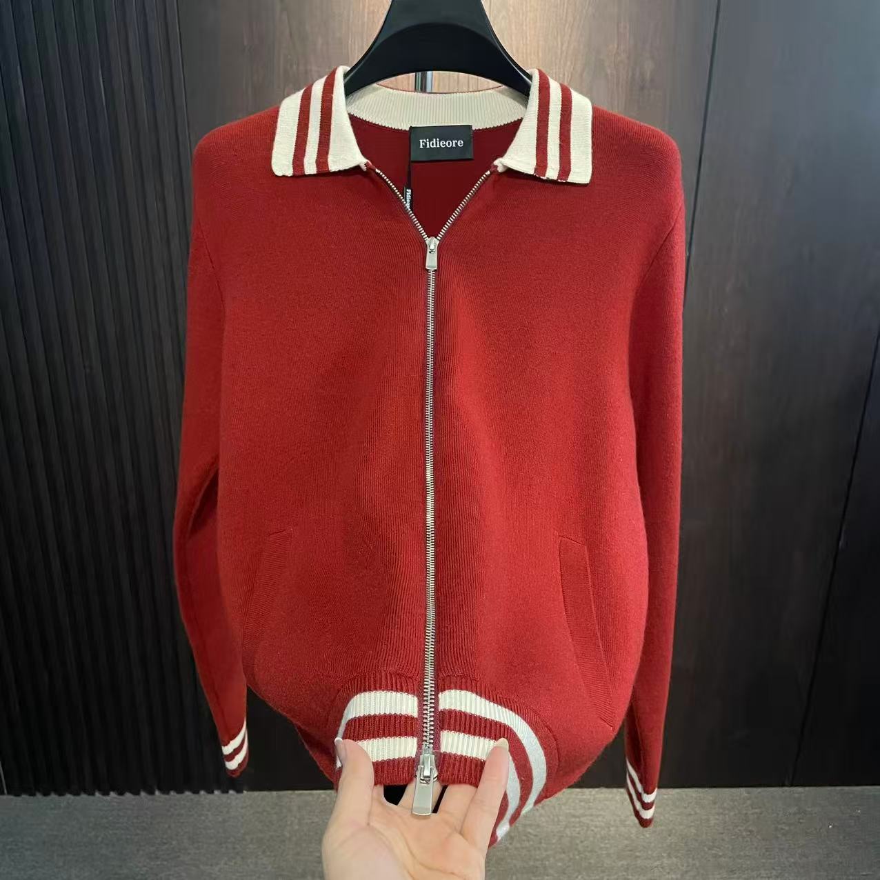 欧货男士羊毛混纺翻领针织外套上衣红色开衫秋冬羊毛衫长袖毛衣