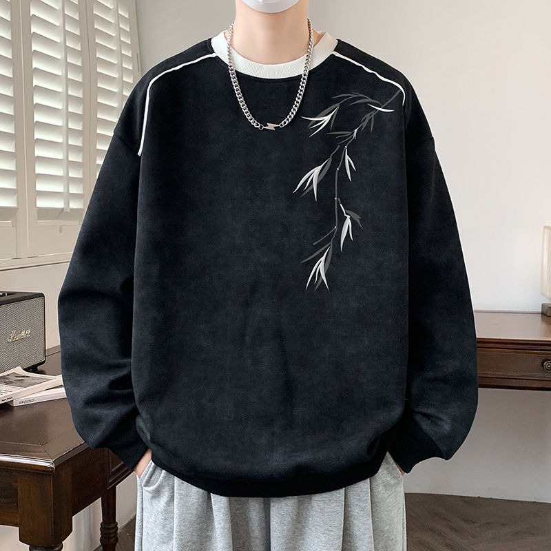 美式重磅潮流圆领卫衣男春秋季休闲加肥加大码宽松百搭长袖上衣服