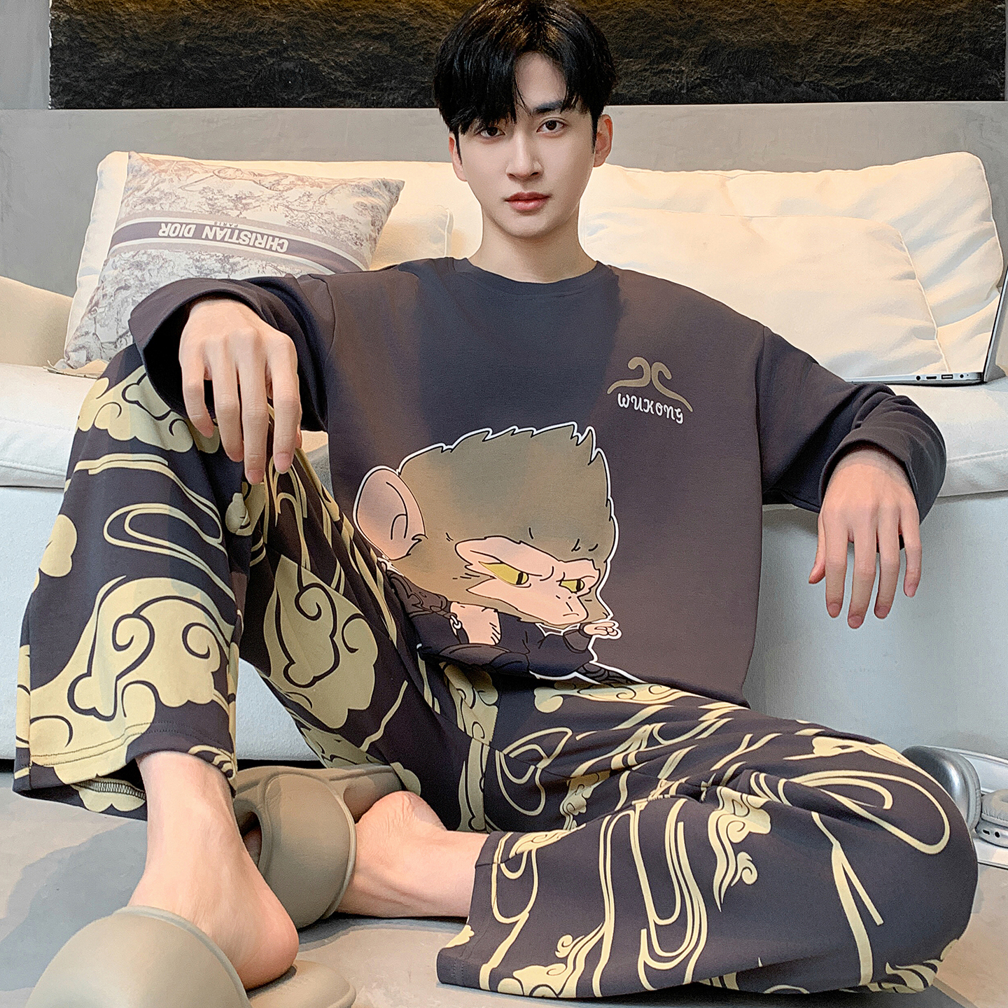 纯棉男士睡衣春秋季长袖长裤大码250斤青少年全棉家居服套装秋冬