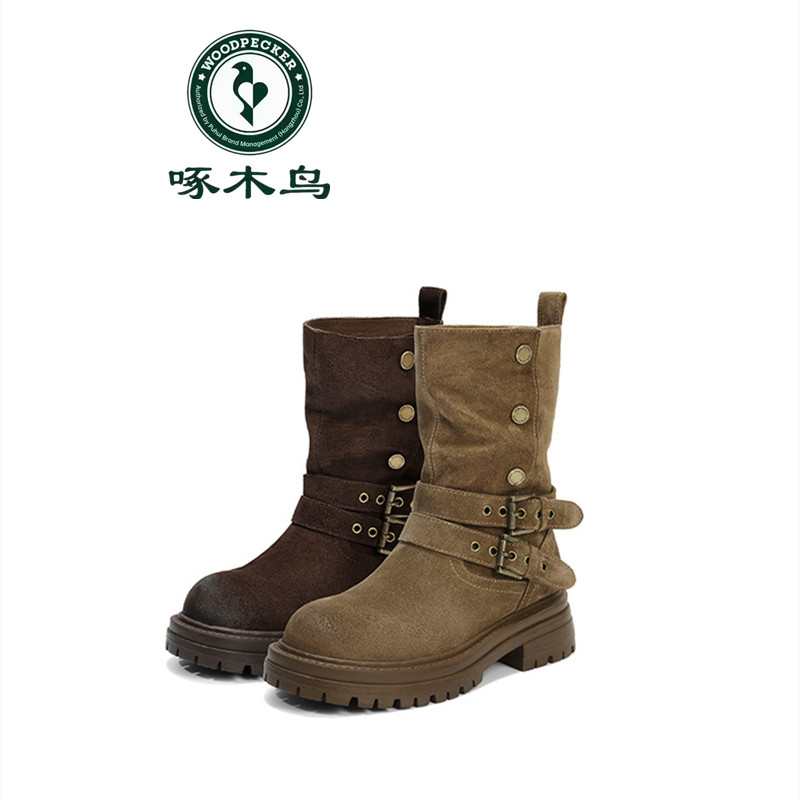 啄木鸟5cm厚底美拉德马丁靴女2025新款西部舞会骑士靴皮带扣短靴