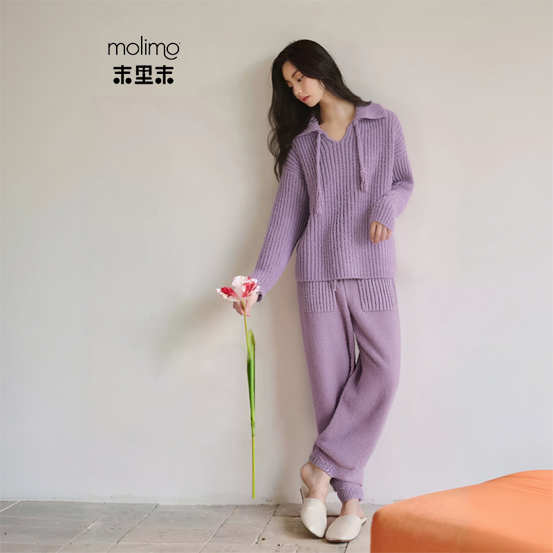 末里末【罗兰紫条纹长袖】新款睡衣女士秋冬季半边绒长袖家居服套装