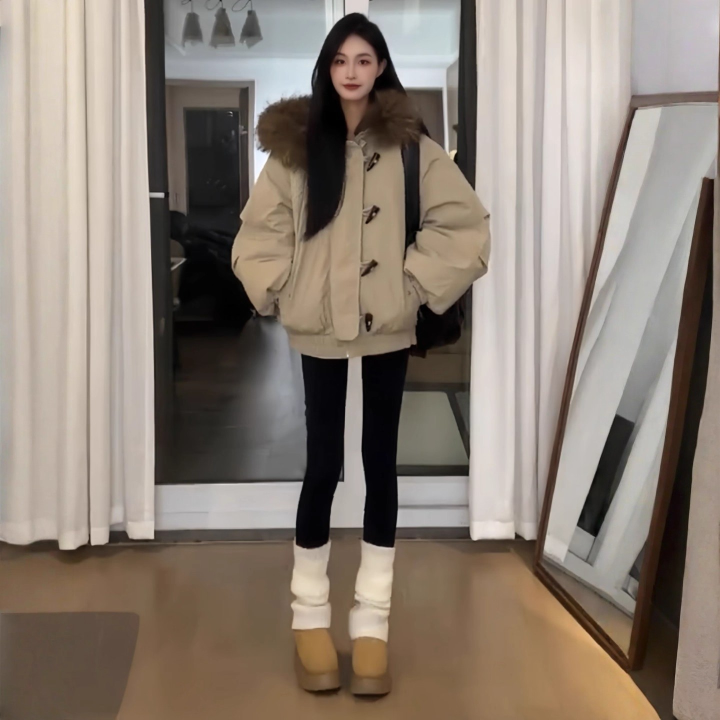 服女大毛领派克服棉服2025冬季新款加厚棉衣复古牛角扣棉袄外套